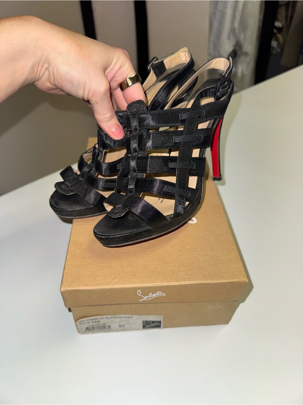 Black Satin Cage Slingback Heels
